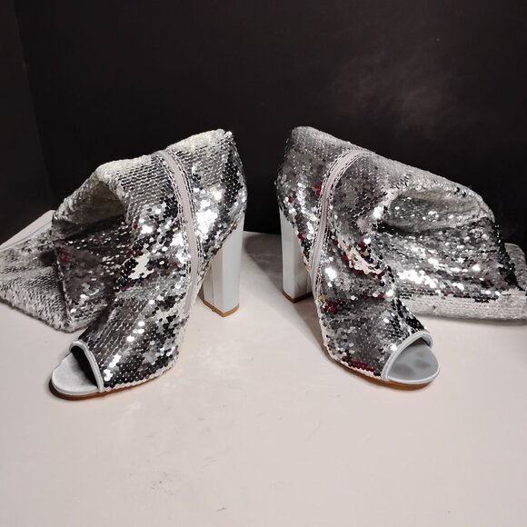 KHPAERMEI Sexy Sparkly Size 8 Thigh High Boots Open Toe Chunky Heel - Picture 3 of 16